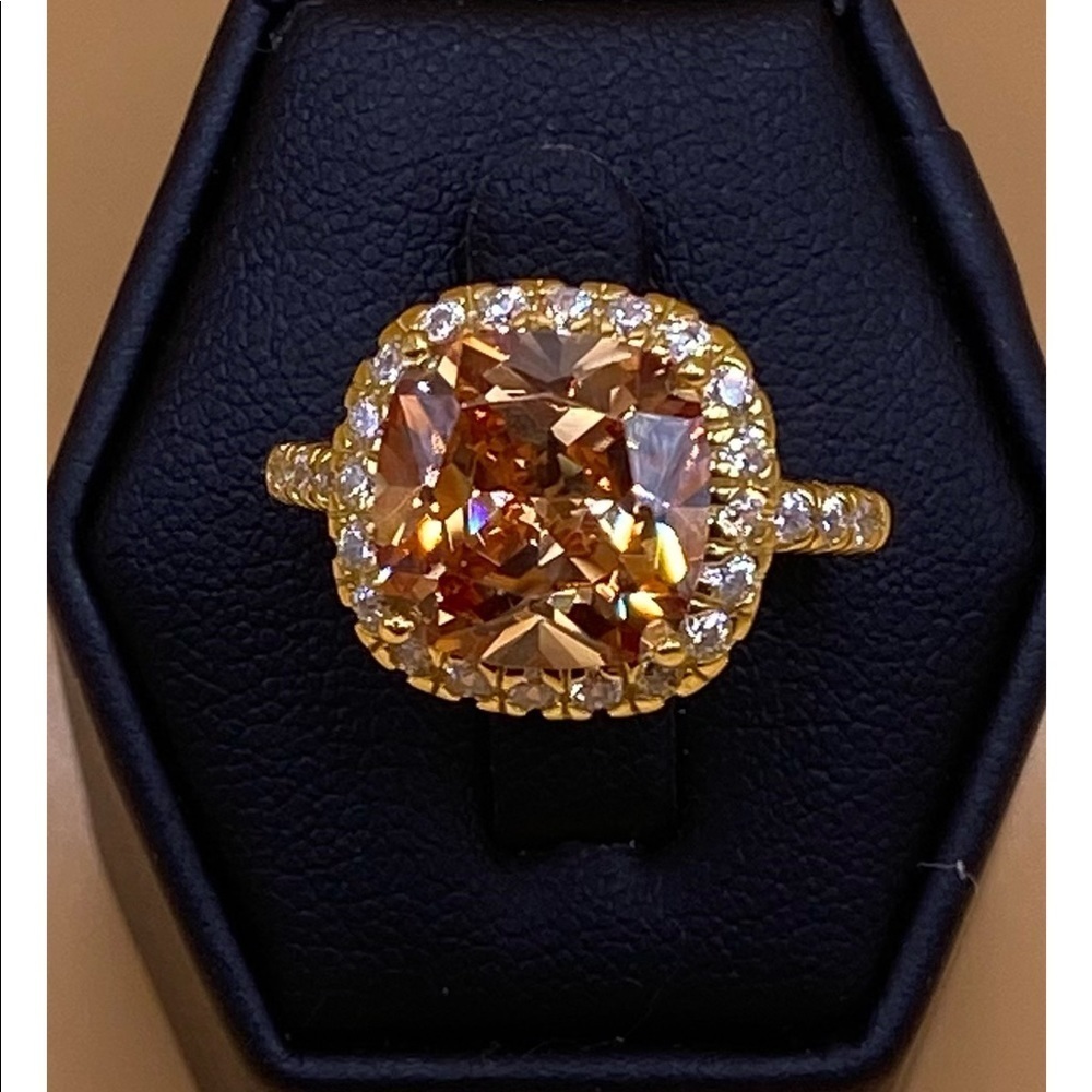 Gold Ring with Warm Honey-Orange Cushion Gemstone and Halo Accents